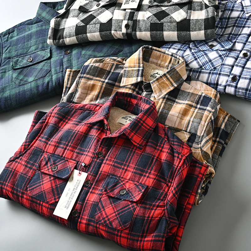 Autumn Winter Thick Warm Fleece Plaid Shirt Men Plus Velvet Long Sleeve Casual Lambs Cotton Clothing Jacket Work Shirt Outerwear