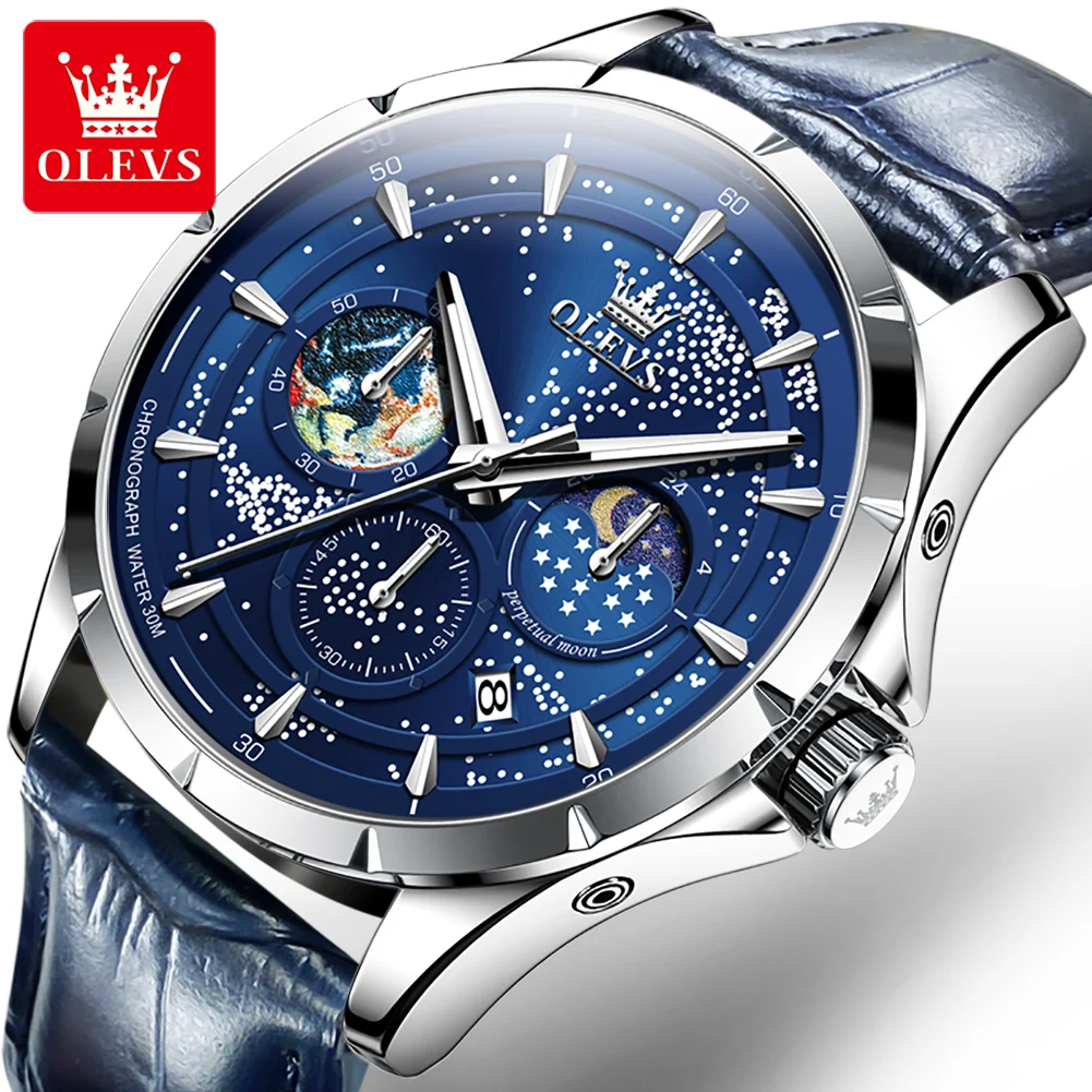 OLEVS Top Brand Starry Blue Quartz Watch for Men Leather Strap Men\'s Wristwatch Moon Phase Chronograph Sport Watch Original New