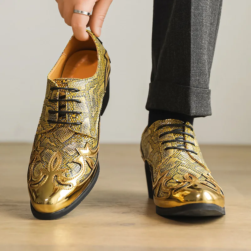 

Luxury Designer New Gold Silver Lace Up Snakeskin Patent Leather Brogues Shoes For Men Formal Wedding Dress Homecoming Footwear