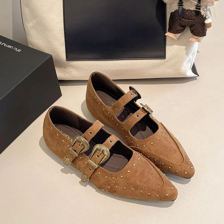 French Vintage Studded Single Shoes New Belt Buckle Pointed Toe Shallow Mouth Mary Jane Flat Single Shoes
