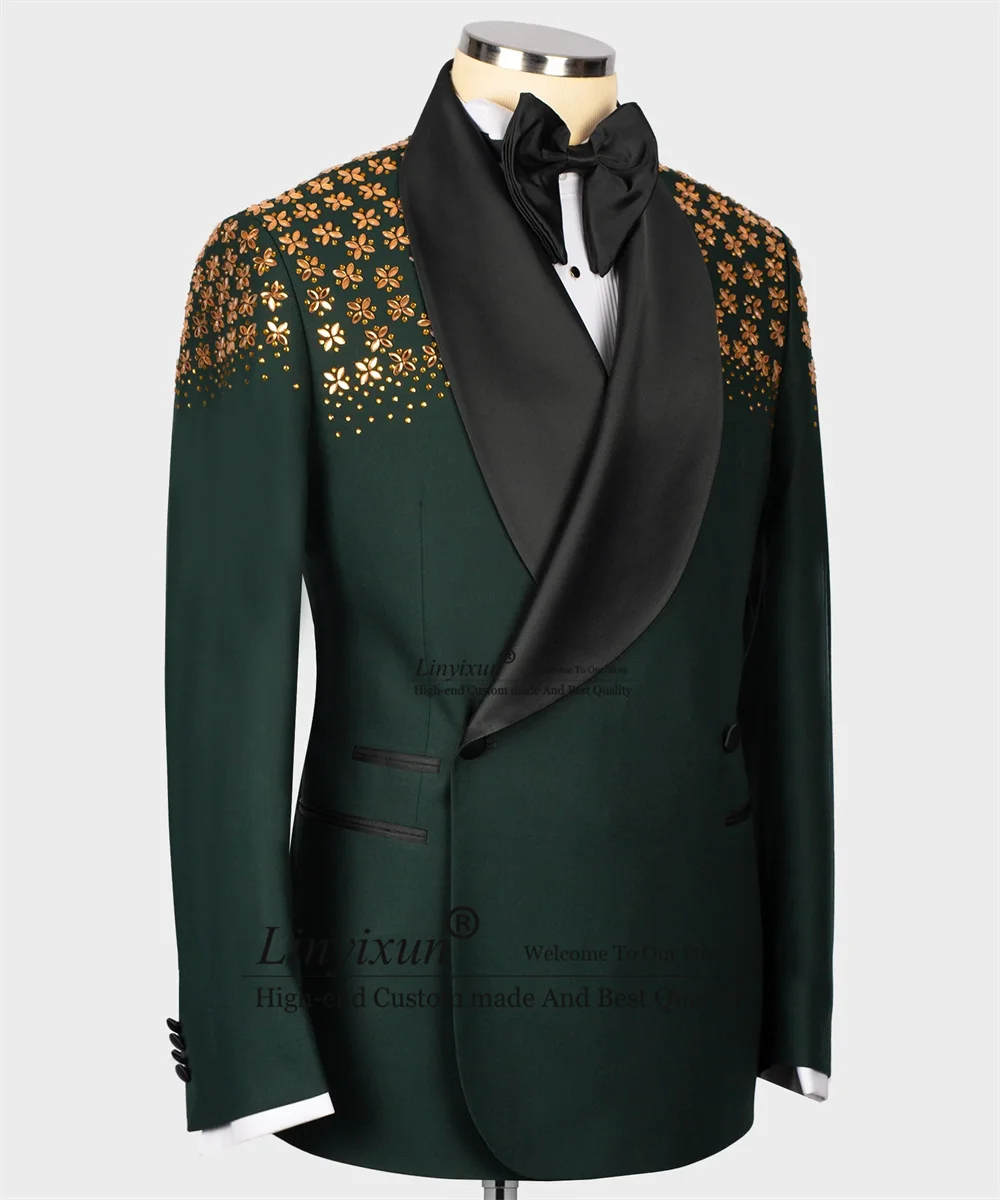 Elegance Luxury Beaded Crystals Men Suits Shawl Lapel Groom Wedding Tuxedos Customized Male Prom Blazers Slim trajes para hombre