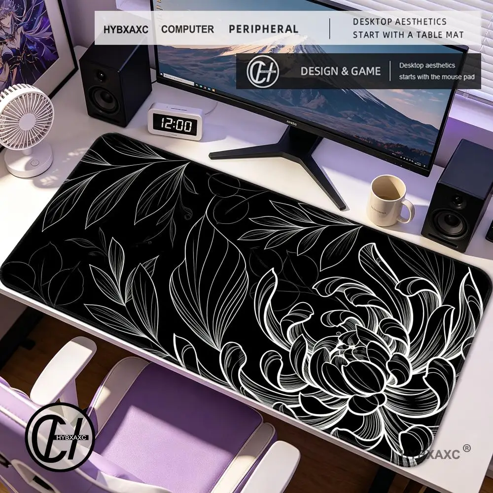 HYBXAXC Black Bloom Large Mouse Pad for Computer Gaming Anti-slip Rubber Table Mat with Stitched Edge Keyboard Mat