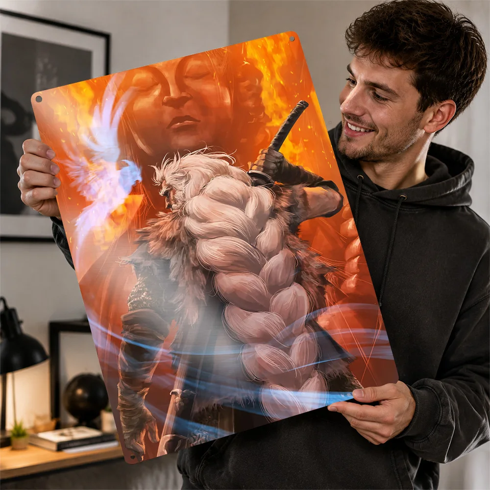 Warrior Facing Fiery Buddha Poster Fantasy Wall Art Customized Retro Metal Tin Sign for Bedroom Man Cave Home Decor Gamer Gift