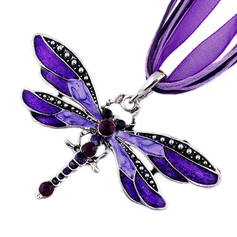 Vintage Dragonfly Silk Ribbon Necklace Creative Design Metal Insect Butterfly Pendant Necklace for Women Jewelry Wholesale