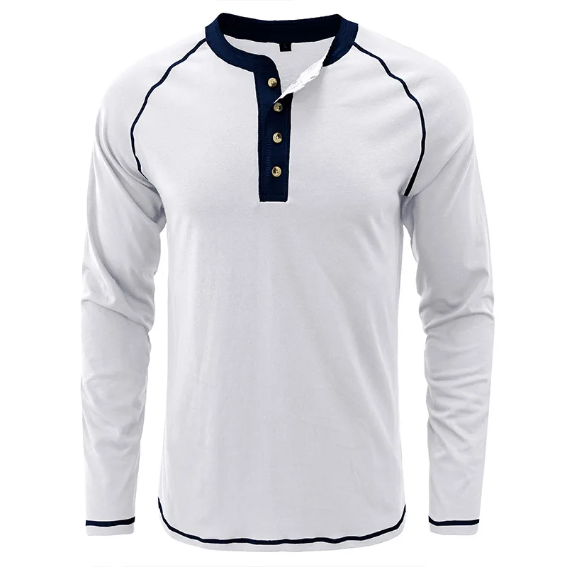 New T Shirt Men Long Sleeve Henley Collar Solid Color Tee Tops Mens Casual Slim Fit Tshirts Men White Black Gray Tees Daily Wear