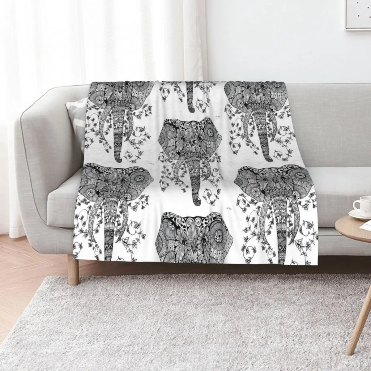 Mandala 8 - Elephant hand drawn in mandala zentangle style Throw Blanket Decorative Throw Kid'S Furry Shaggy Blankets