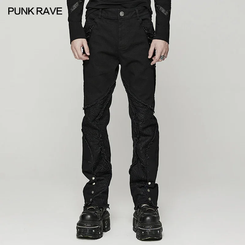 PUNK RAVE Men\'s Punk Cool Personality Spider Mesh Pants Gothic Irregularly Divided Casual Raw Edge Black Denim