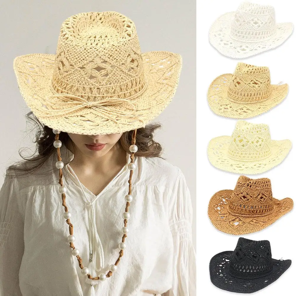 Summer Outdoor Men Women Hand-woven Western Cowboy Hats Jazz Wide Sun Breathable Beach Cap Paper Protection Hat Brim Straw G8F5