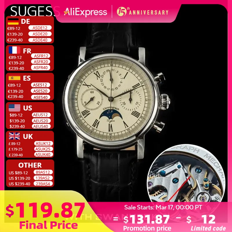 Sugess Men Watch ST1908 Swanneck Movement Mechanical Chronograph Wristwatch Genuine Moonphase Calendar Vintage Leather NEW 2023