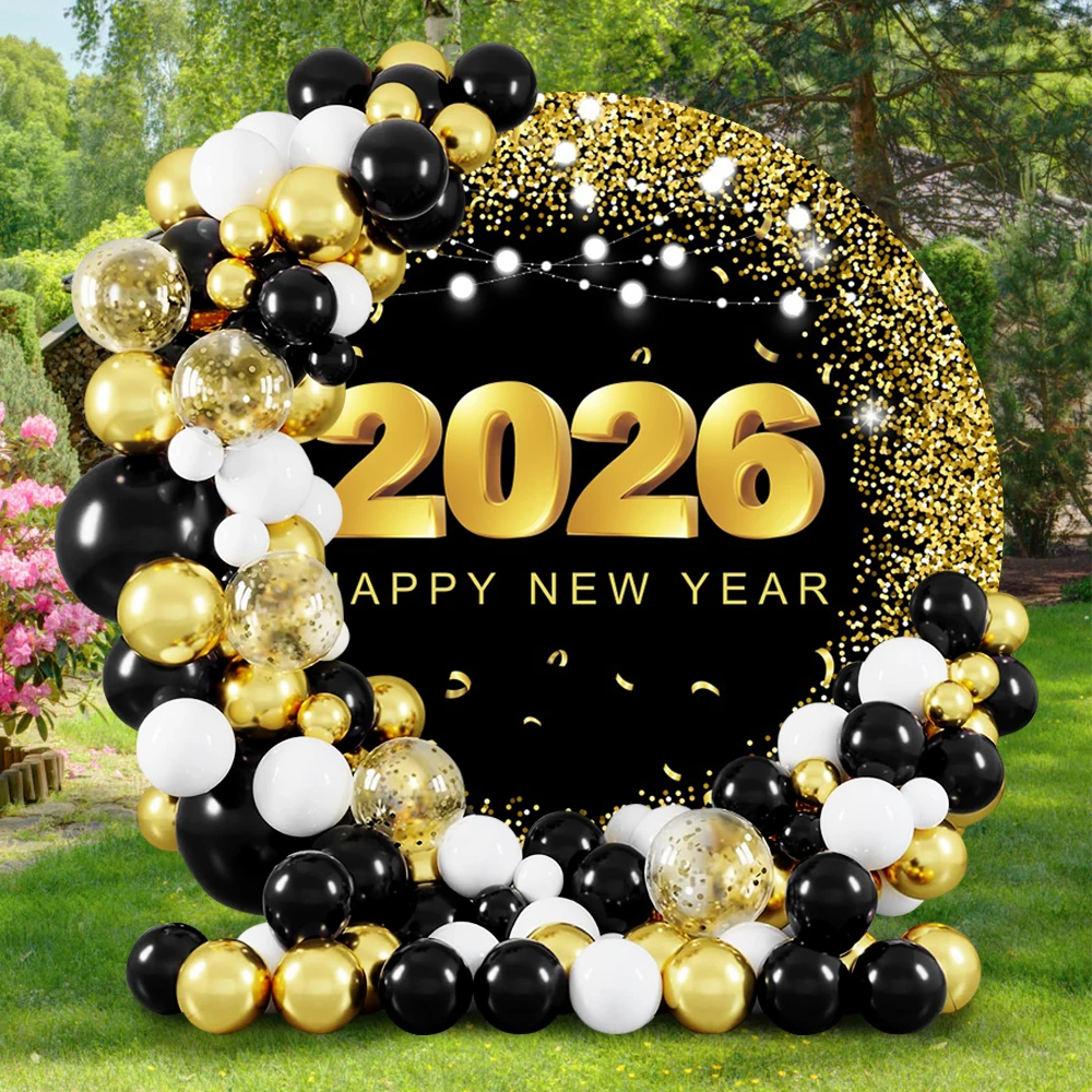 سعيد 2026 السنة الجديدة جولة التصوير خلفية الذهب ديسكو تصاميم حفلة لامعة للعائلة ليلة رأس السنة الخلفيات دائرة