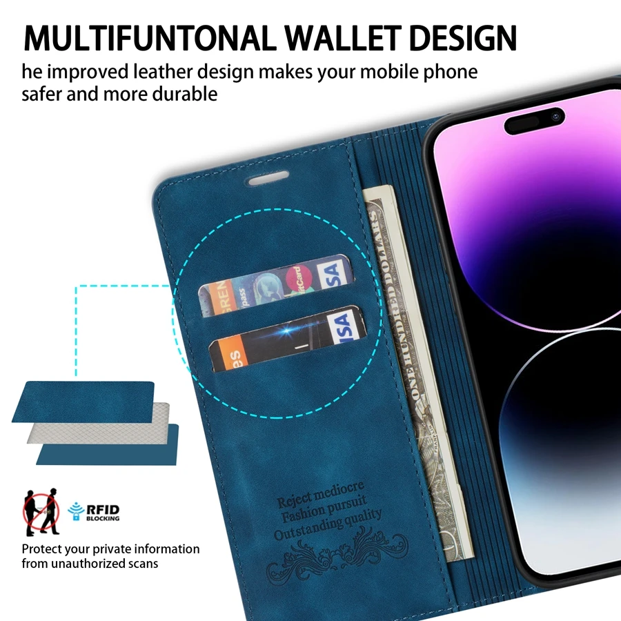 Wallet Skin Friendly Magnetic Flip With Card Slot Leather Case For iPhone 15 Pro Max 14 13 12 11 SE 2022 X XR XS Max 8 7 6s Plus