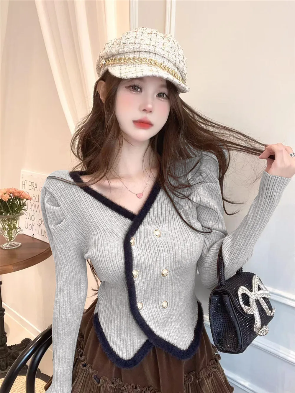 Double Breasted Long Sleeved Knitwear Irregular Crop Top Jumper Bottom Slim  V Neck Sweater Mujer Black Coat Clothes