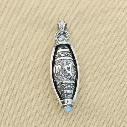 

Pure Silver Wealth Transfer Necklace with Six Character True Words, Turquoise Celestial Bead Pendant, Retro Style, Men and Women