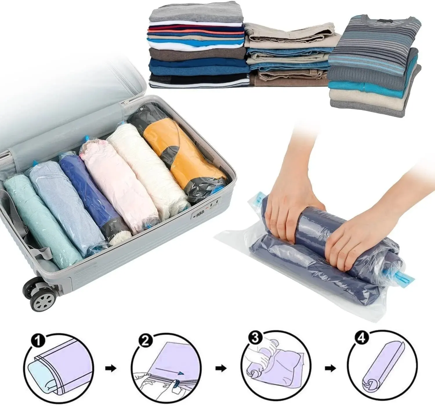 Roll-up Storage Bags, Travel Compression Bags, No Pump Or Vacuum Needed, Reusable Space Saver Bags Perfect for Traveling