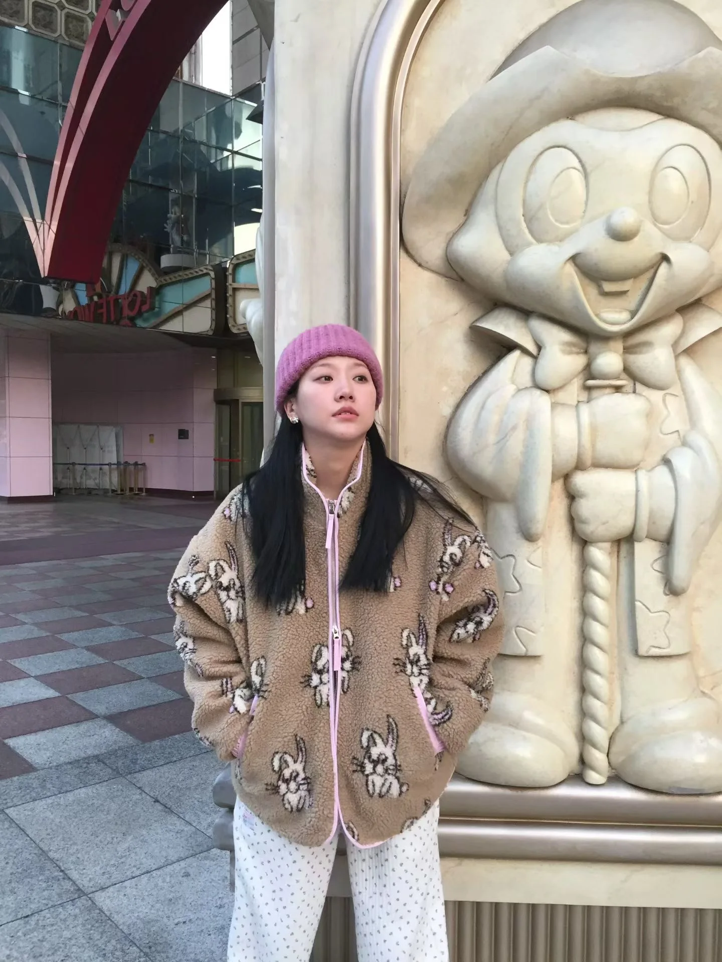 

Женский хлопковый тюнет с мехом ягненка, свободный воротник-стойка, осень-зима, теплый милый мультяшный принт, длинная застежка-молния све