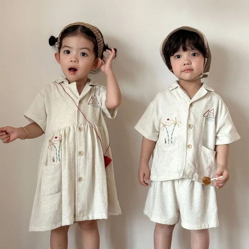 2026 Summer New Children Short Sleeve Clothes Set Boys Linen Shirts+Shorts 2pcs Clothing Suit Girls Dress Brother Sister Outfits