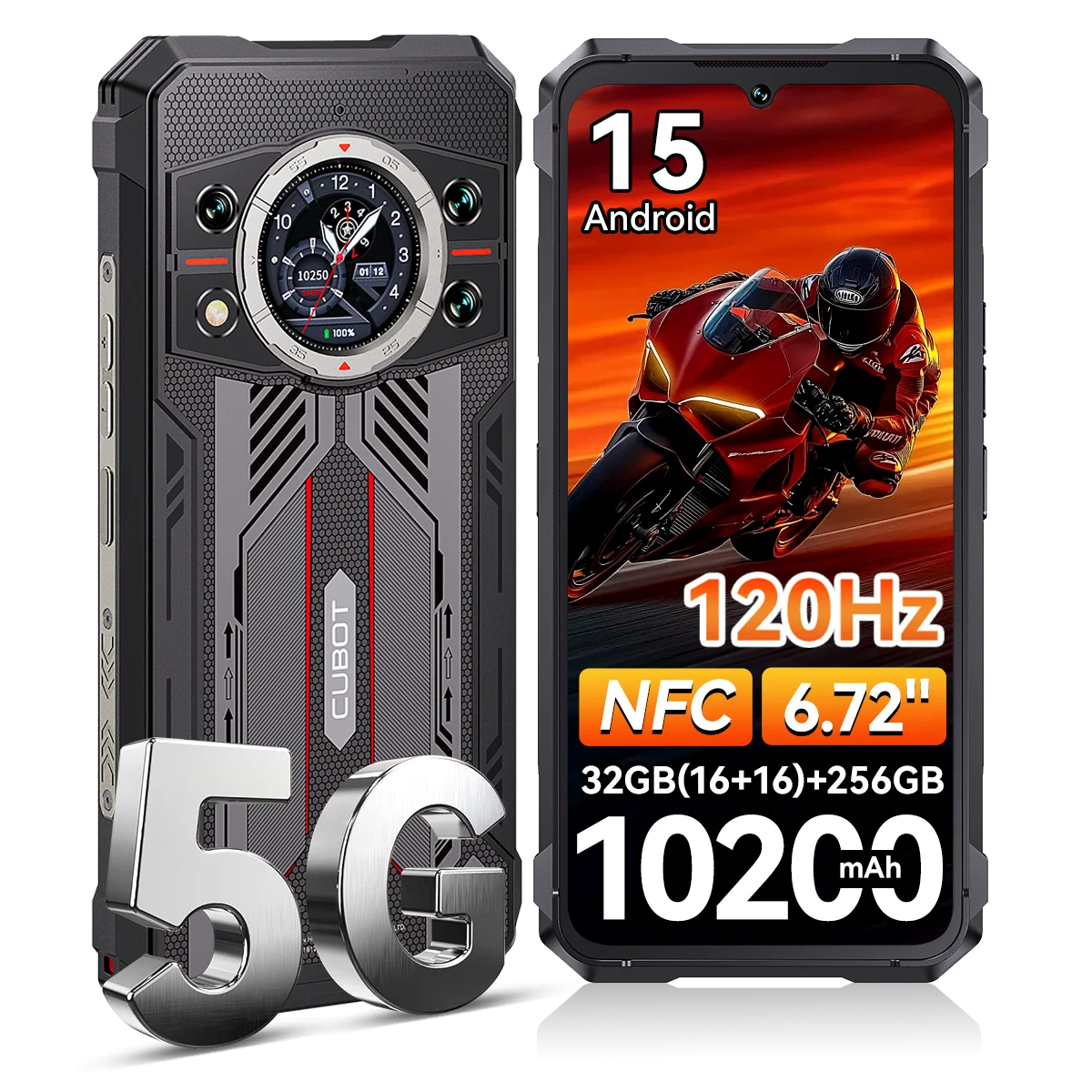 Robustes Smartphone Cubot KingKong 11 5G, 16+256GB/8+256GB, 10200mAh Akku, 108MP Hauptkamera + 20MP Nachtkamera, 6,72" FHD+ 120Hz Gorilla Glass Display, 1,46" hinteres Smart-Display, Dimensity 7025,