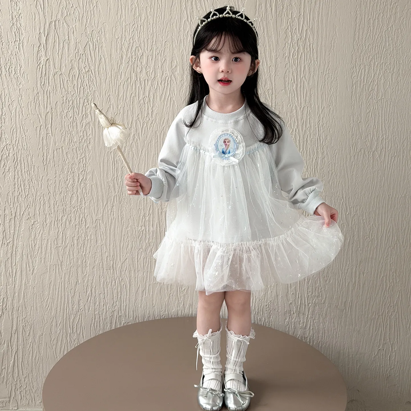 

Disney Elsa Girls' Sweatshirt Dress Spring Autumn New Sweet Mesh Splicing Long Sleeve Dress Korean Bow Decor Princess Dresses