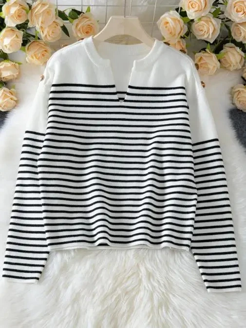 

Striped Tops Autumn & Winter Women's Sweater Elegant Shoulder Button Long Sleeve Notched Collar Knitted Pullover for Women