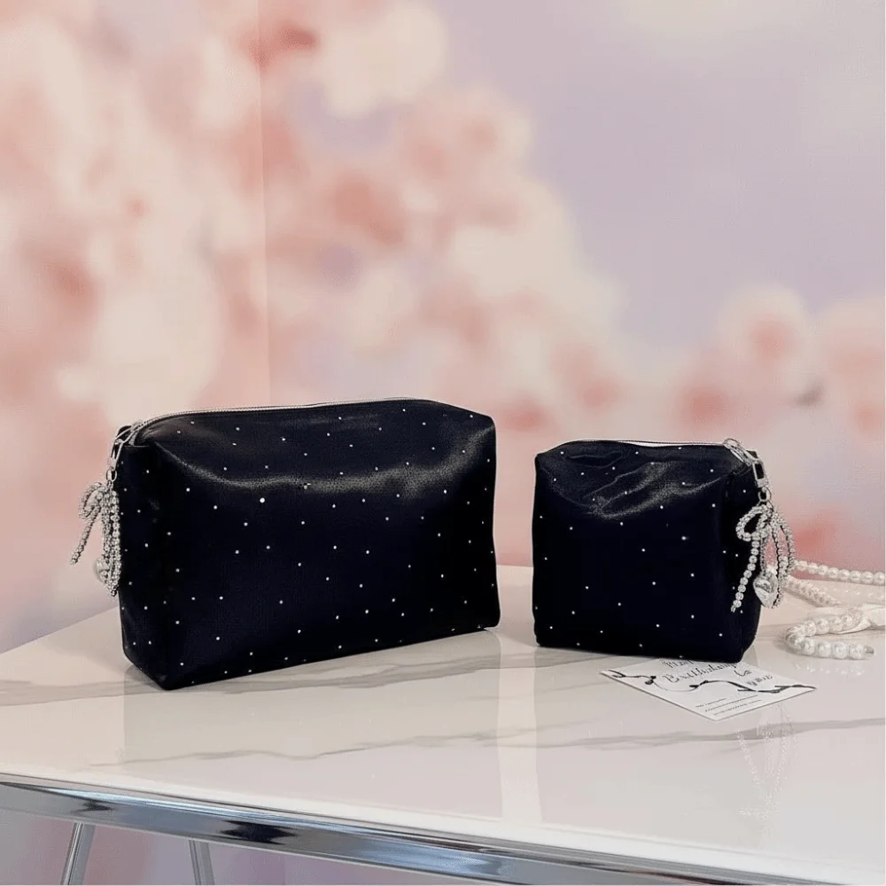 Luxury Sequin Cosmetic Bag Handheld Zipper Cosmetic Organizer Large Capacity Beaded Bowknot Rhinestone Handbag Travel Use