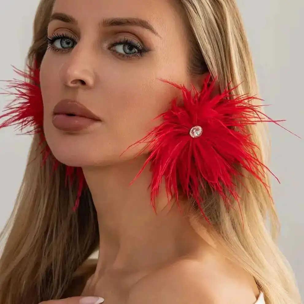 KunJoe Bohemian Colorful Feather Stud Earrings Women Vintage Exaggerate Large Round Earring Charm Wedding Banquet Party Jewelry - view 2