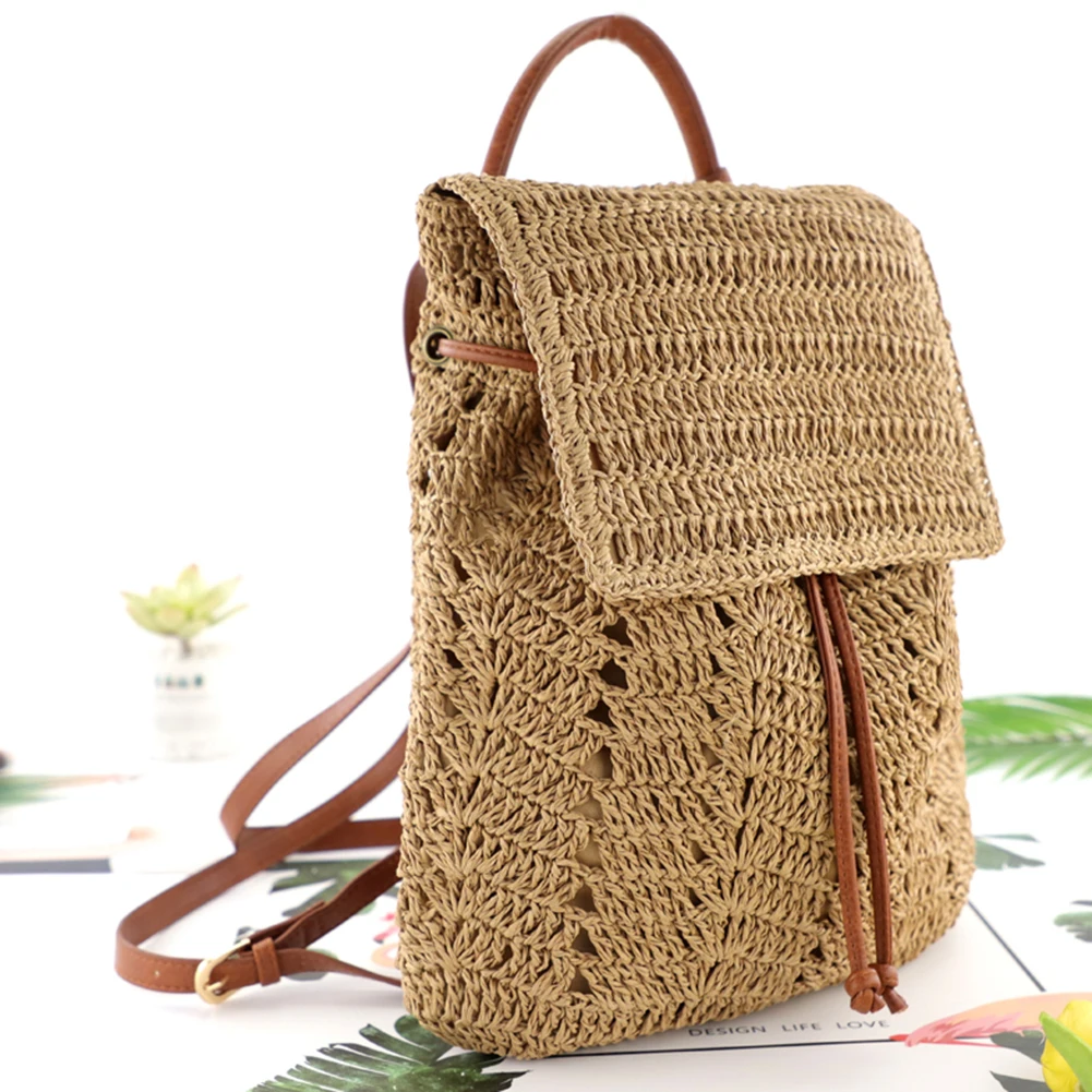 Fashion Straw Shoulders Backpack Woven Women Beach Holiday Bucket Purse Bag