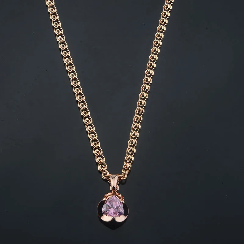 Fashion Jewelry Women  585 Rose Gold Color Pink Stone Flowers Pendant  And Chains