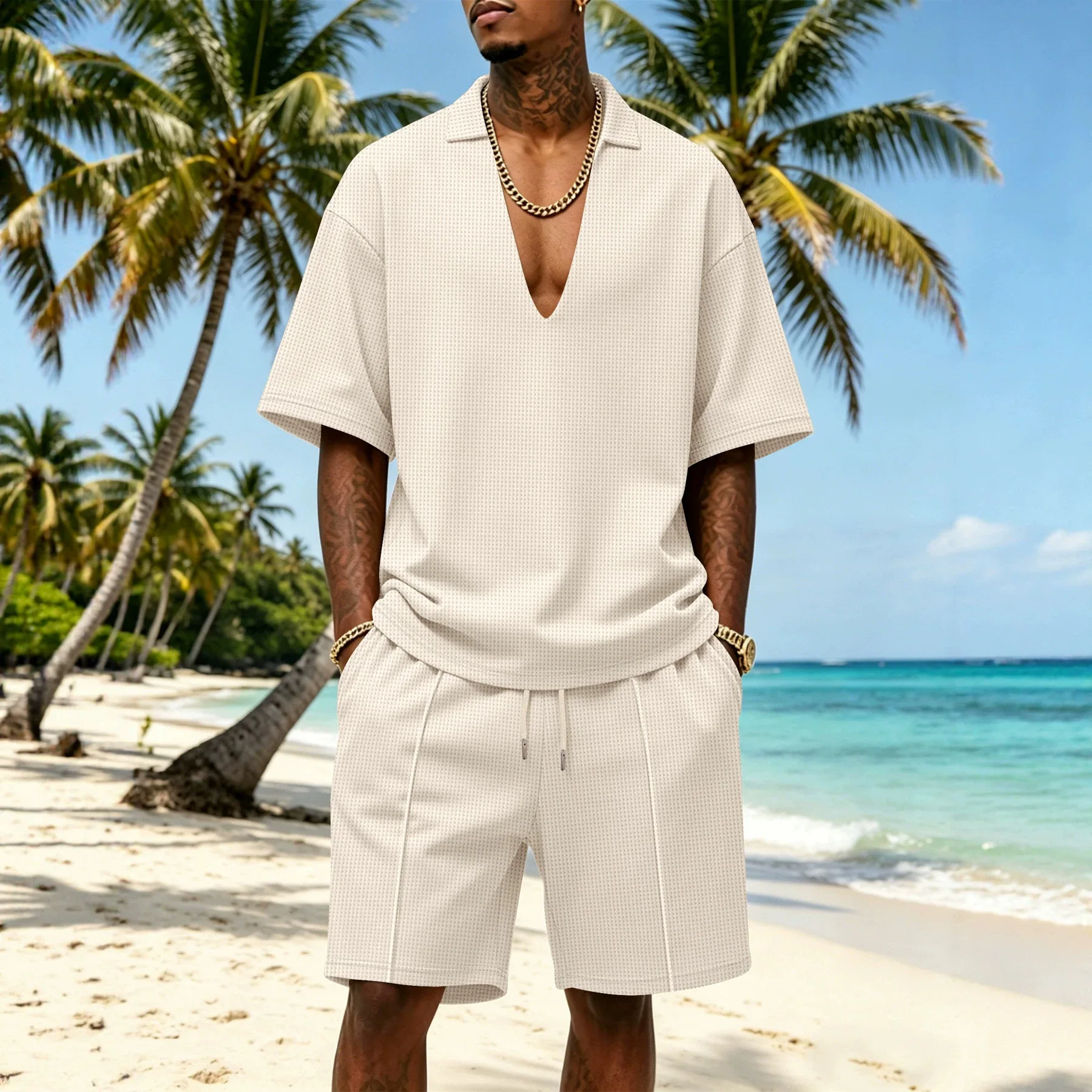 

New Summer Men's Solid V Neck Short Sleeve Pullover T-Shirt Shorts Two Piece Set Casual Sports Soft Breathable Tracksuit Outfit