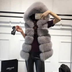 2025 Winter Women's Artificial Fox Fur Coat Sleeveless Gilet Faux Fur Jacket Female Solid Gray Fur Warm Vest with Hood for Women