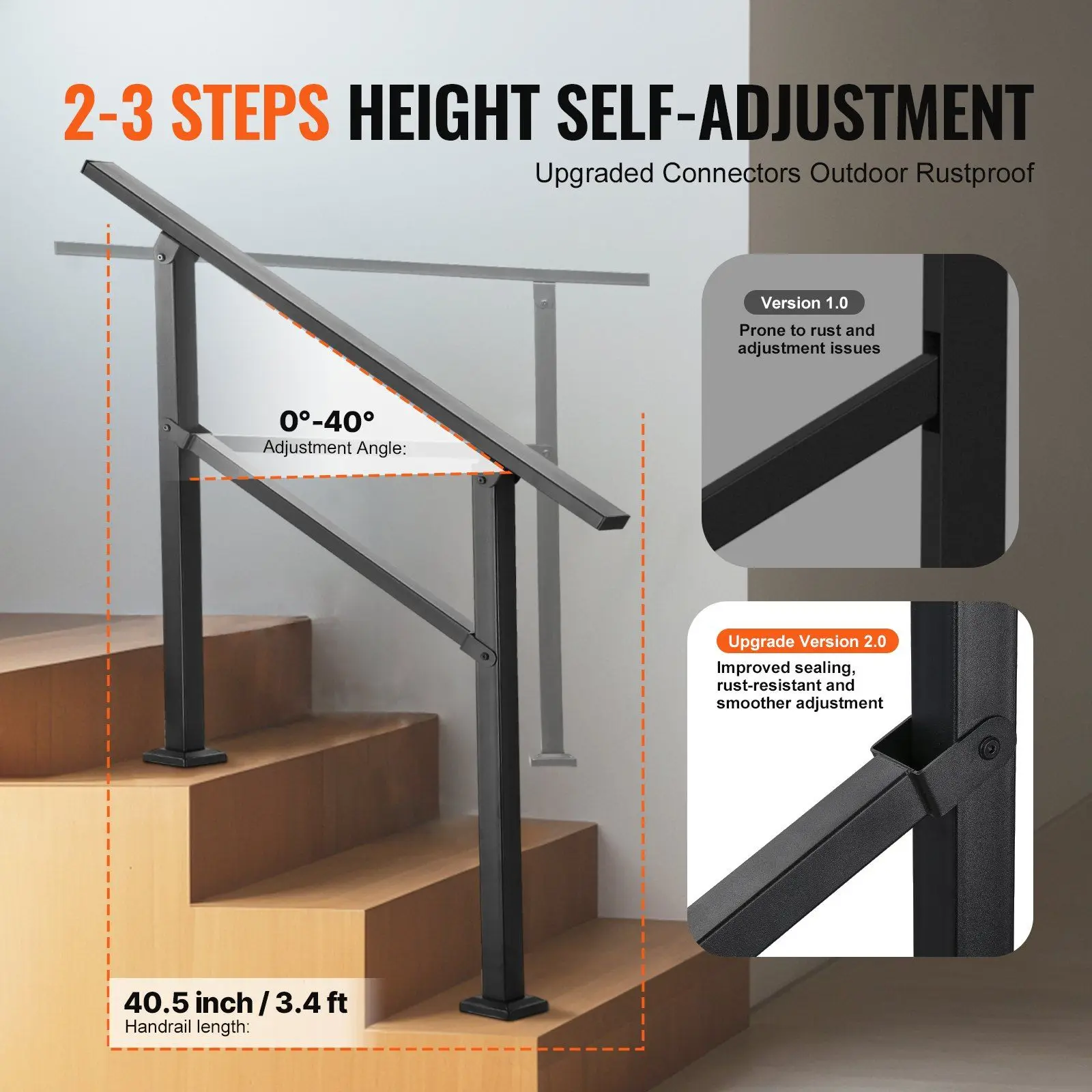 Outdoor Handrails for 2-3 Step Stairs Black Square Tube Easy Install for Senior