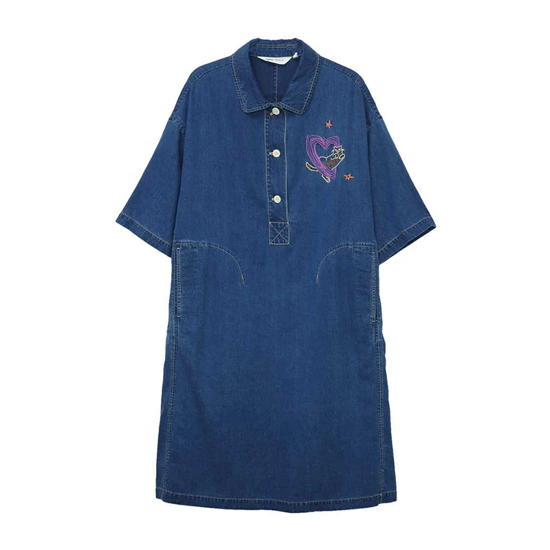 MOVEUP Lyocell Denim Dress Polo Collar Heart Cat Embroidery Dresses Side Pockets Loose Dropped Half Sleeve Midi Dress 3ELX41308 view 6