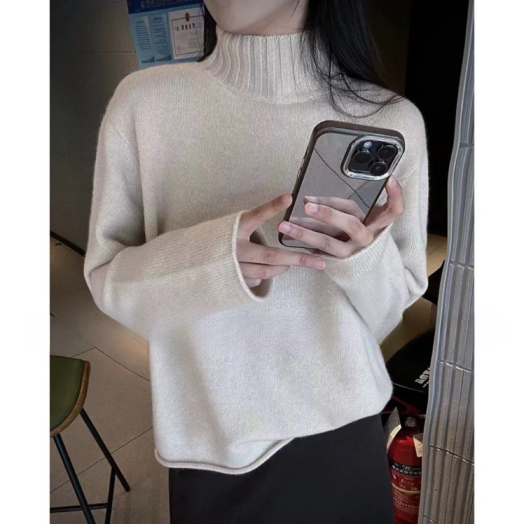 High-grade high neck cashmere knitwear women's autumn and winter thick inside sweater with coat loose wool base