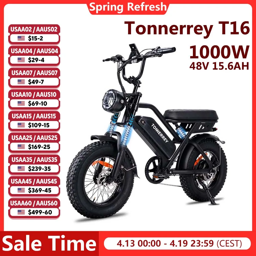 

Tonnerrey T16 Electric Bicycle 1000W 48V 15.6AH Electric Bike 16" Fat Tire E-Bike 22 MPH Max Speed 80 Miles Range Ebike for Kids