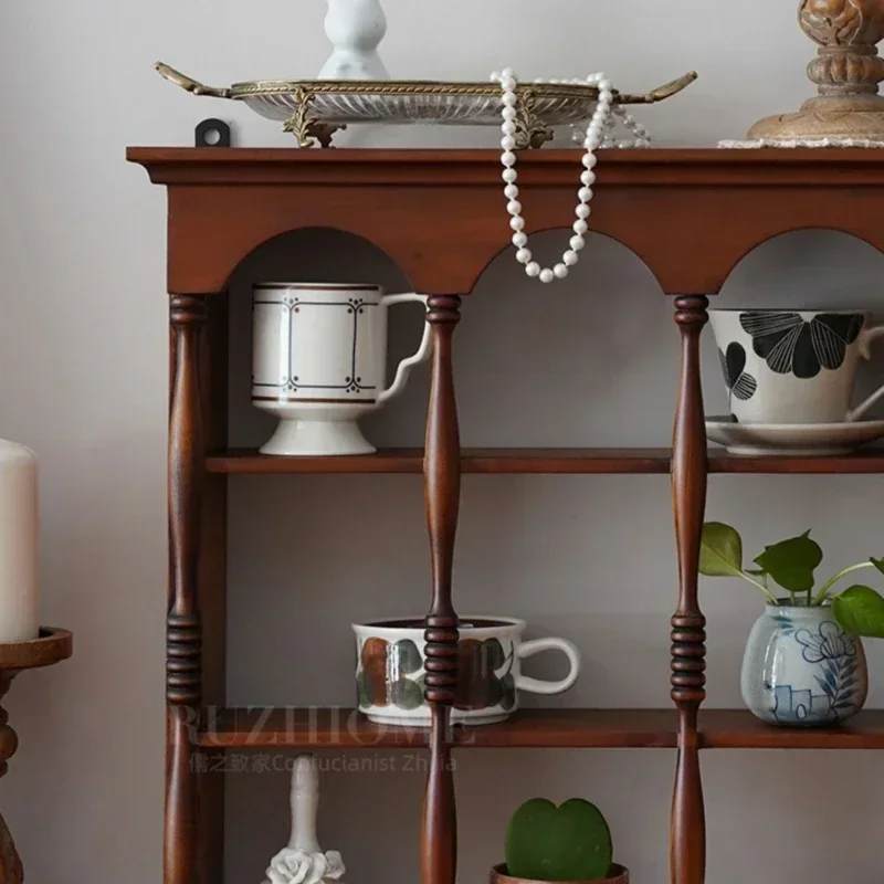 Retro Retro ถ้วยกาแฟผู้ถือไม้ Arch ชั้นวาง Multi-partition ตู้แสดงตกแต่งห้องนั่งเล่น Wall Organizer ขาตั้งแก้ว