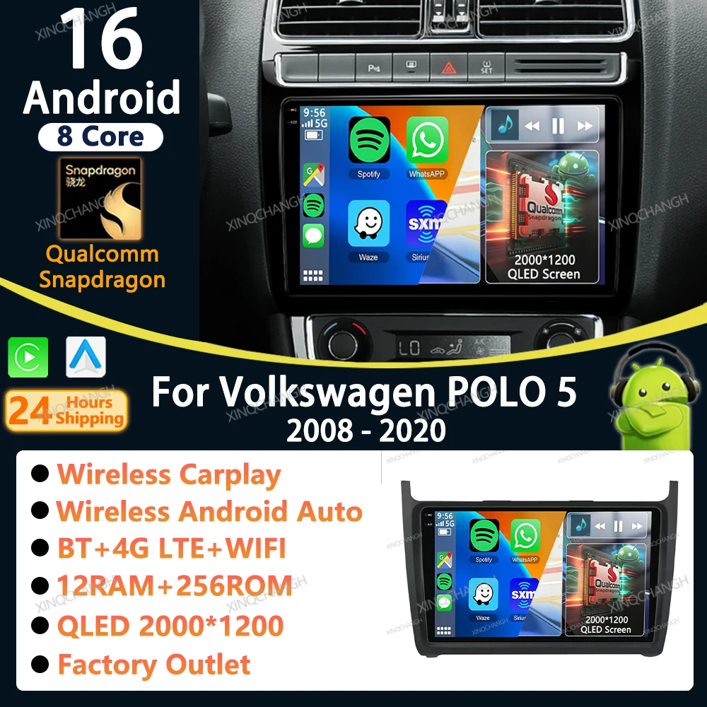Android 16 Car Radio Carplay Auto For VW Volkswagen POLO 5 2008 - 2020 QLED GPS Multimedia Video Player Head Unit BT Qualcomm