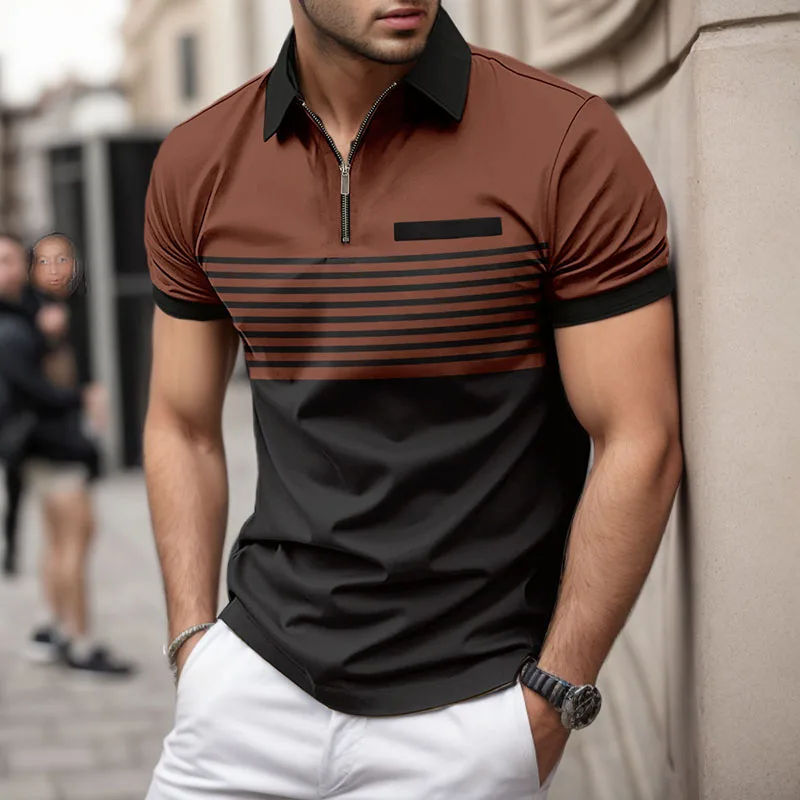 Camisa polo listrada com impressão digital 3D masculina, lapela de manga curta, fivela de bolso falsa, casual business zipper top, verão