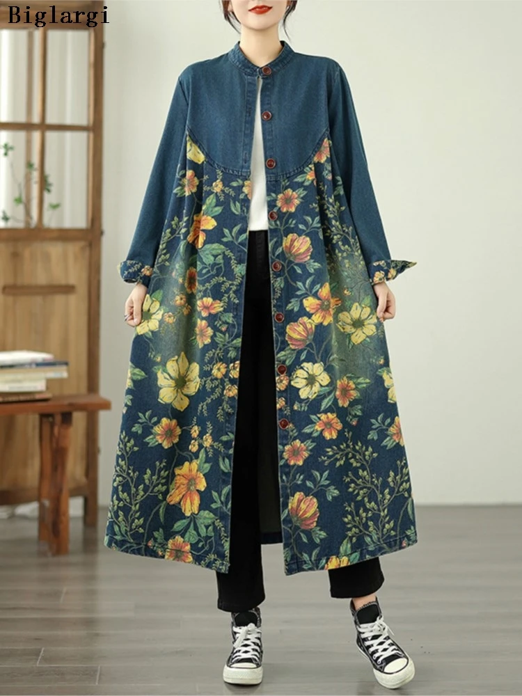 

Oversized Denim Autumn Long Trench Coat Women Flower Floral Print Fashion Ladies Jackets Retro Loose Woman Coats