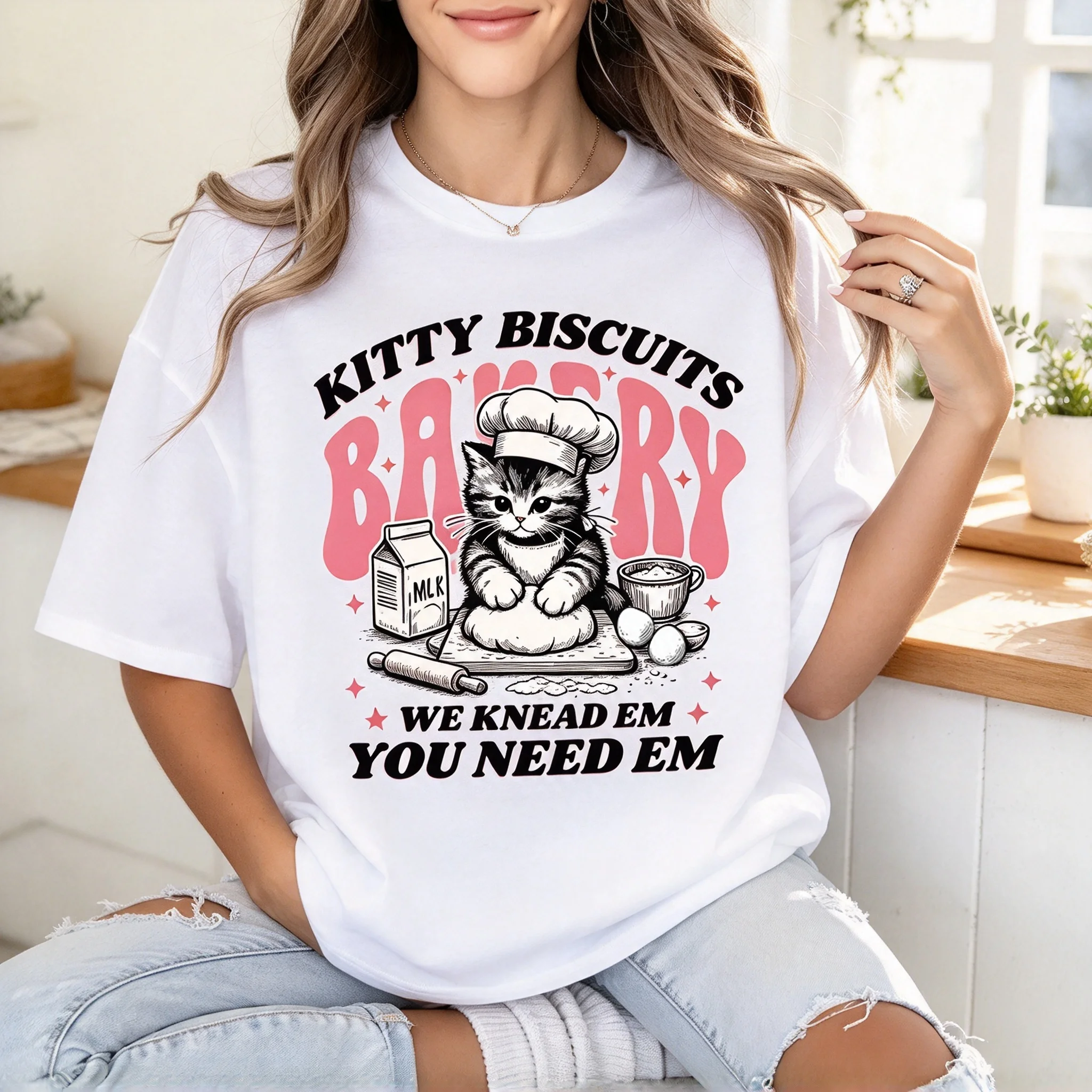 Kitty Biscuits Bakery Chef Cat Graphic T Shirt Women Crew Neck Short Sleeve Tee Cute Baking Theme Print Casual Top