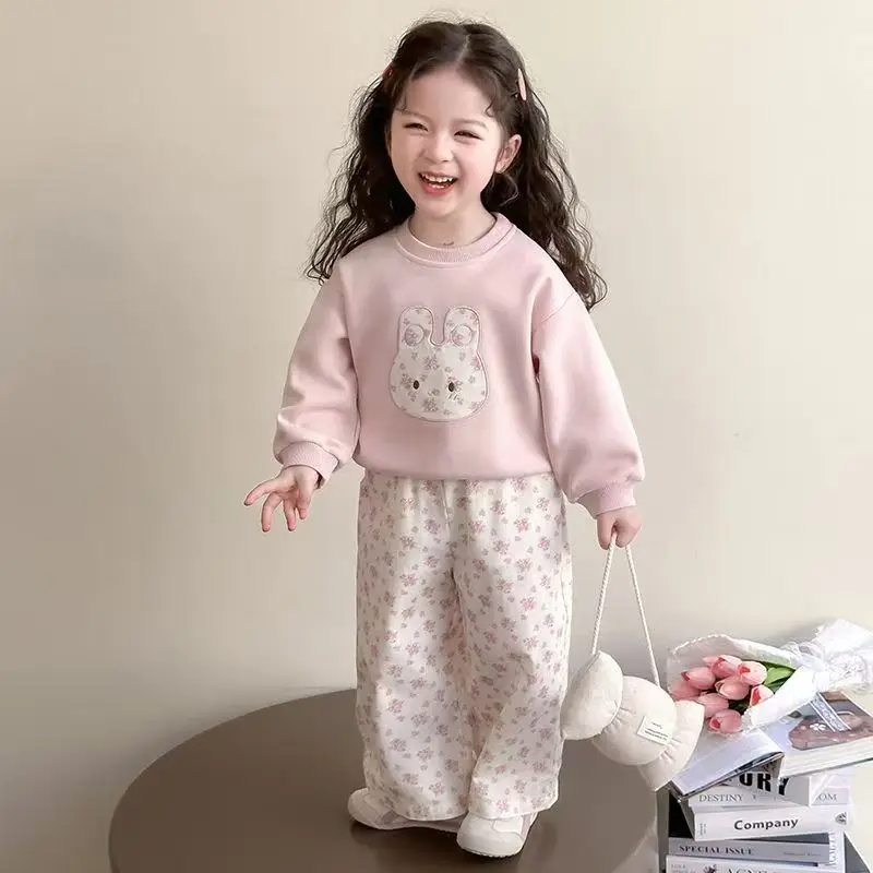 Girls' Clothing Set Spring and Autumn New Style Children's Korean Style Pink Sweater Floral Pattern Straight Pants Two-piece Set
