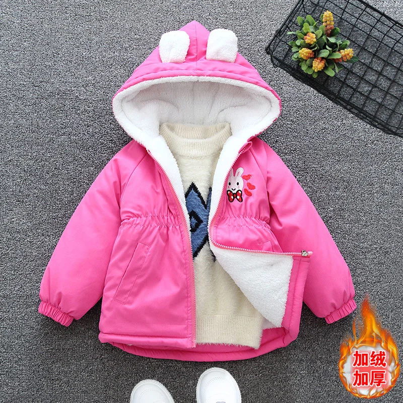 Autumn Winter Girls Thick Coat Cute Rabbit Print Jackets Can Tighten Waist Hooded Windbreaker For Kids Children Thin Outerwear