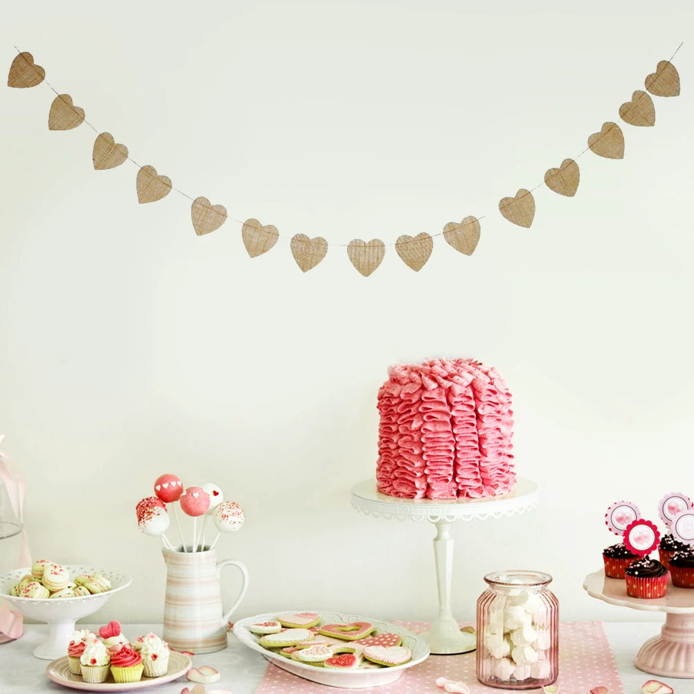 

1pc Linen Heart Banner Bunting Wedding Party Decorations For Christmas Birthday Event Supplies Diy Photo Backdrop Flags
