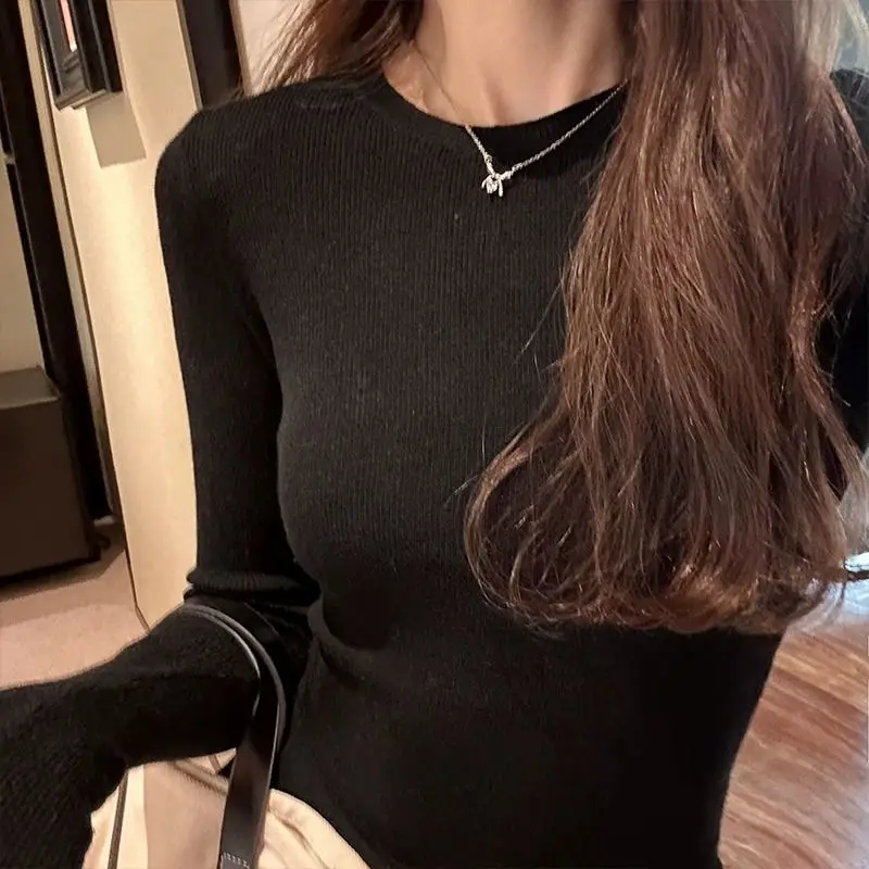 German Rong Knitted Sweater Women\'s Threaded Slim Pullover Bottoming Autumn Winter Round Neck Right Shoulder Long Sleeve Top