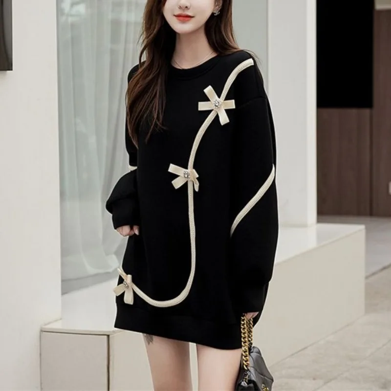 

Autumn and Winter Women's Pullover Round Neck Patchwork Bow Diamonds Loose Fashion Casual Elegant Commuter Long Sleeve Dress