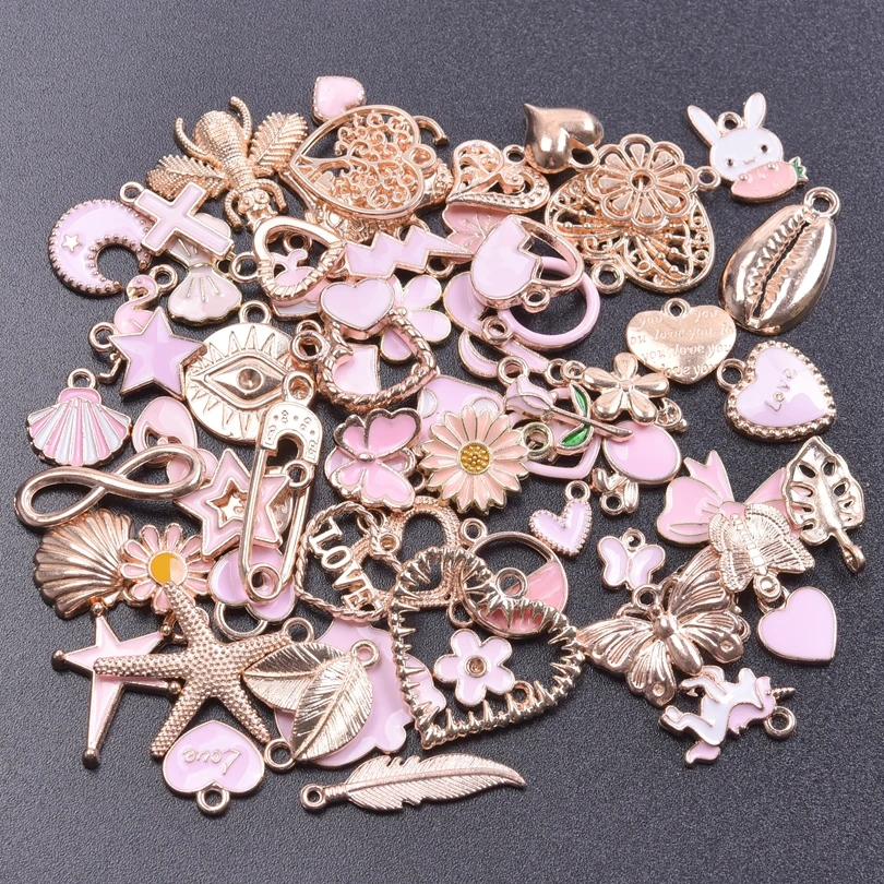 Colgante rosa para niña, mezcla aleatoria, 10/20/30/50 Uds., bonito corazón, conejo, flor, abalorios esmaltados Diy para fabricación de joyería, Material hecho a mano a granel
