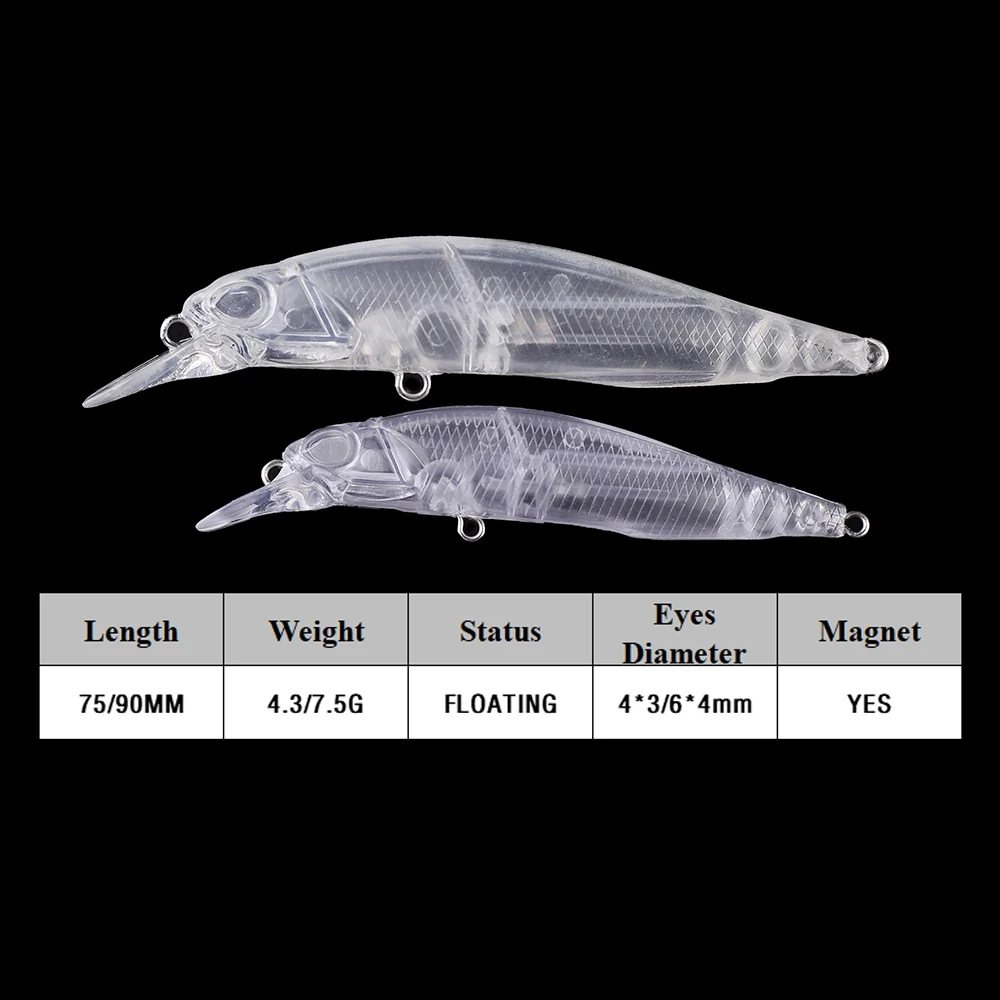 Chan’sHuang 20PCS Unpainted Blank Bait 7.5cm/9cm Long Cast Minnow The Magnet Inside DIY Artificial Fishing Lures