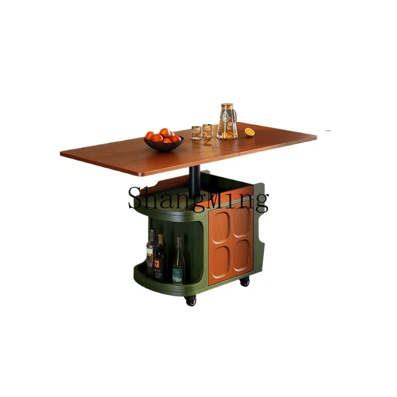 

LXY medieval sofa side cabinet movable folding trolley solid wood retractable rotating coffee table