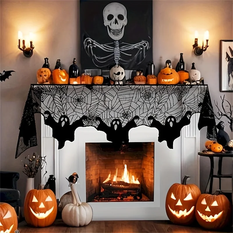 1pc Halloween Black Lace Table Runner Suitable for Fireplace Mantel Decor,Sheer Gothic Spiderweb with Lace Cover,Fireplace Cloth