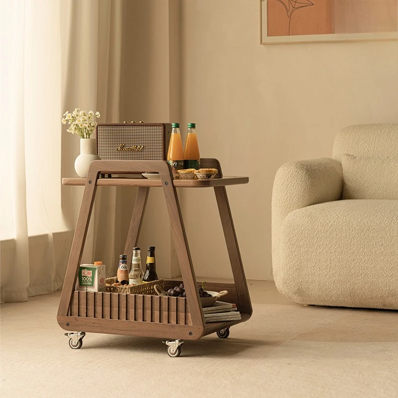 Solid wood sofa side table removable wheeled coffee table high-end black walnut living room trolley light luxury