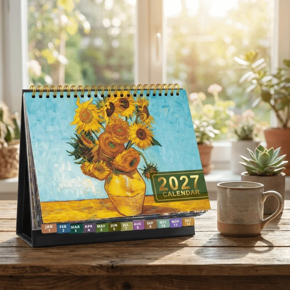 Floral Pattern 2027 Desk Calendar Spiral Bound Decorative Standing Flip Calendar Coil Binding Standing Design Table Calendar