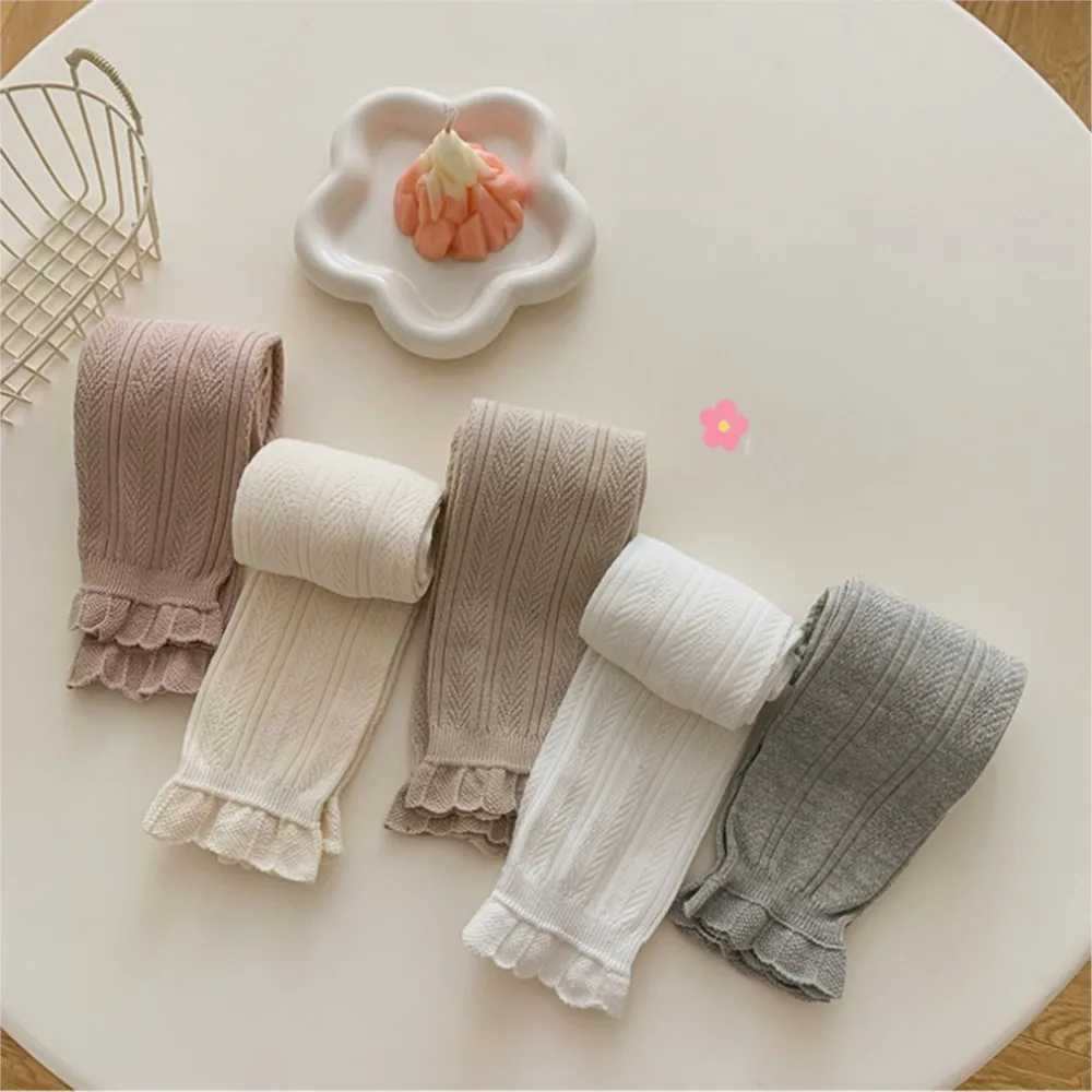 Leggings cálidos para niñas, mallas de algodón de Color sólido para bebés, pantalones ajustados con flores de encaje, pantalones para niñas, pantalones para niños de 2 a 4 años